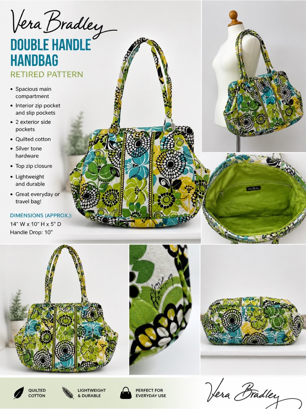 Vera Bradley Green Turquoise Floral Quilted Double Handle Handbag